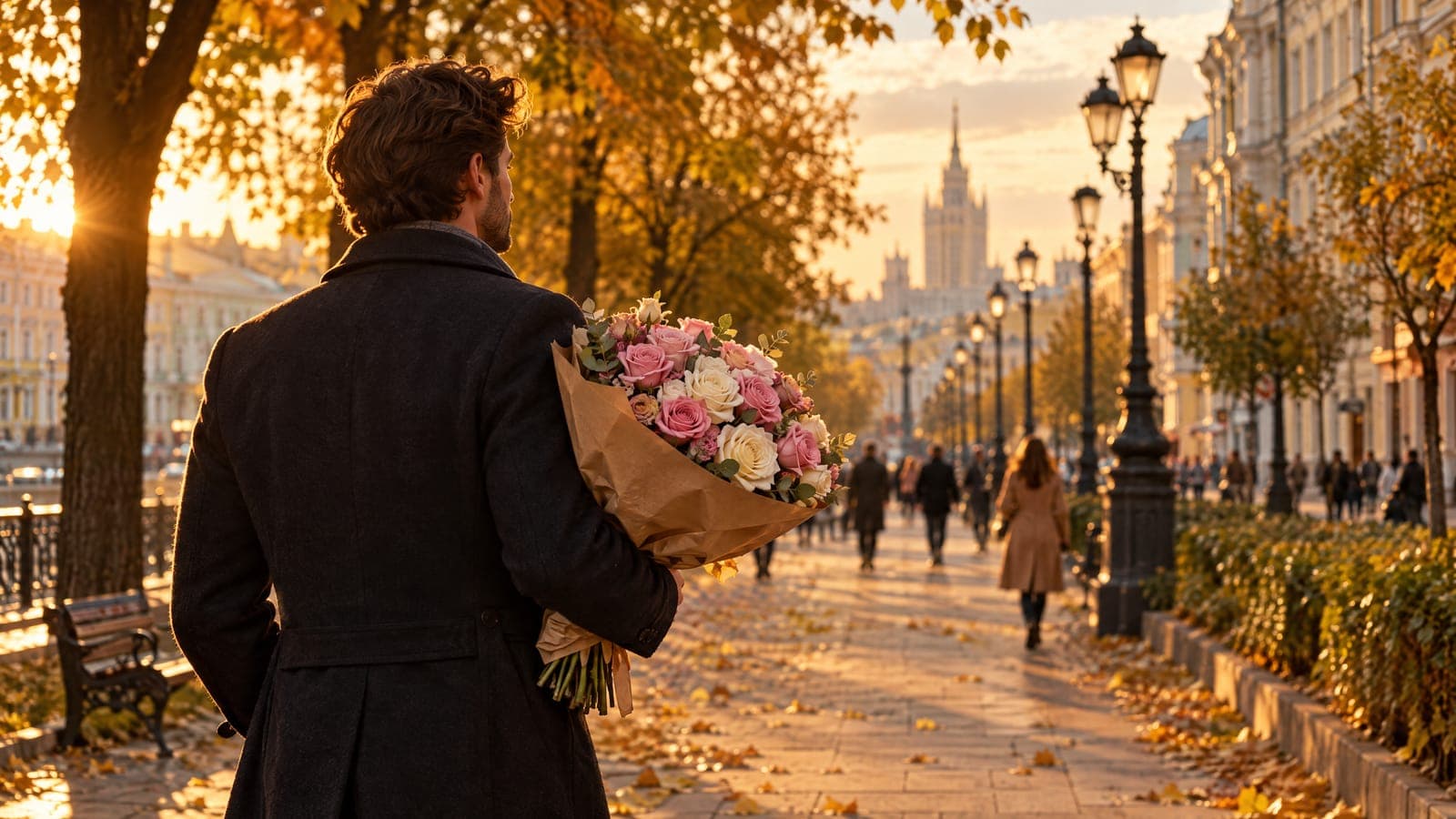 A man in a dark coat walks along a tree-lined Moscow boulevard at golden hour, carrying a bouquet of pink and cream roses wrapped in paper.