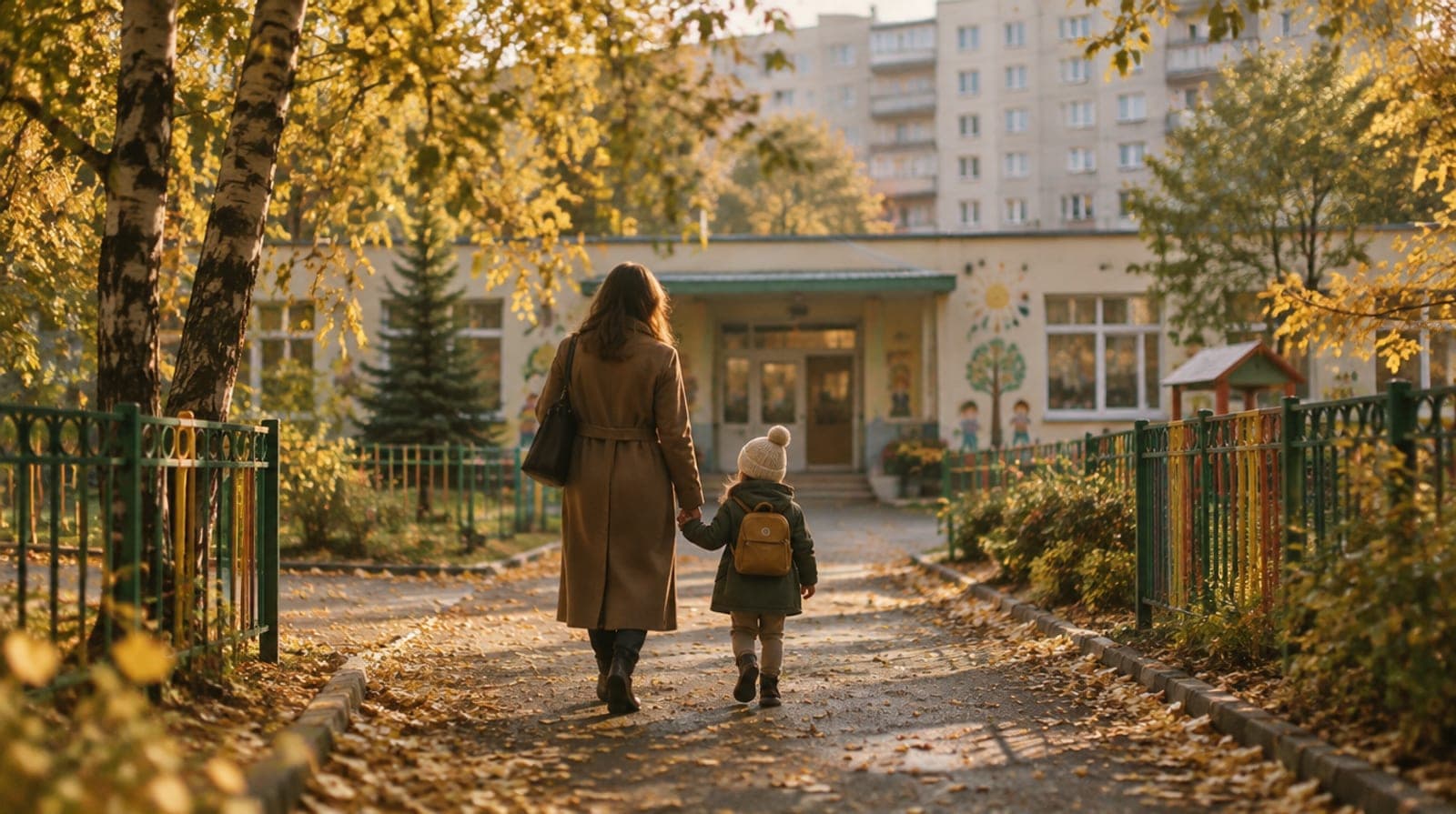 A mother and a small child walking hand in hand towards a Moscow kindergarten on an autumn morning, seen from behind among golden birches.