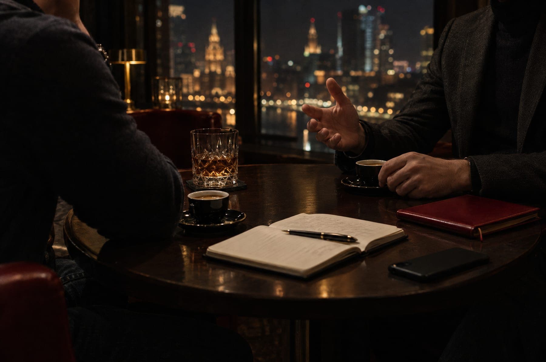 Two people in conversation over coffee and an open notebook at a dark wood table, city lights behind