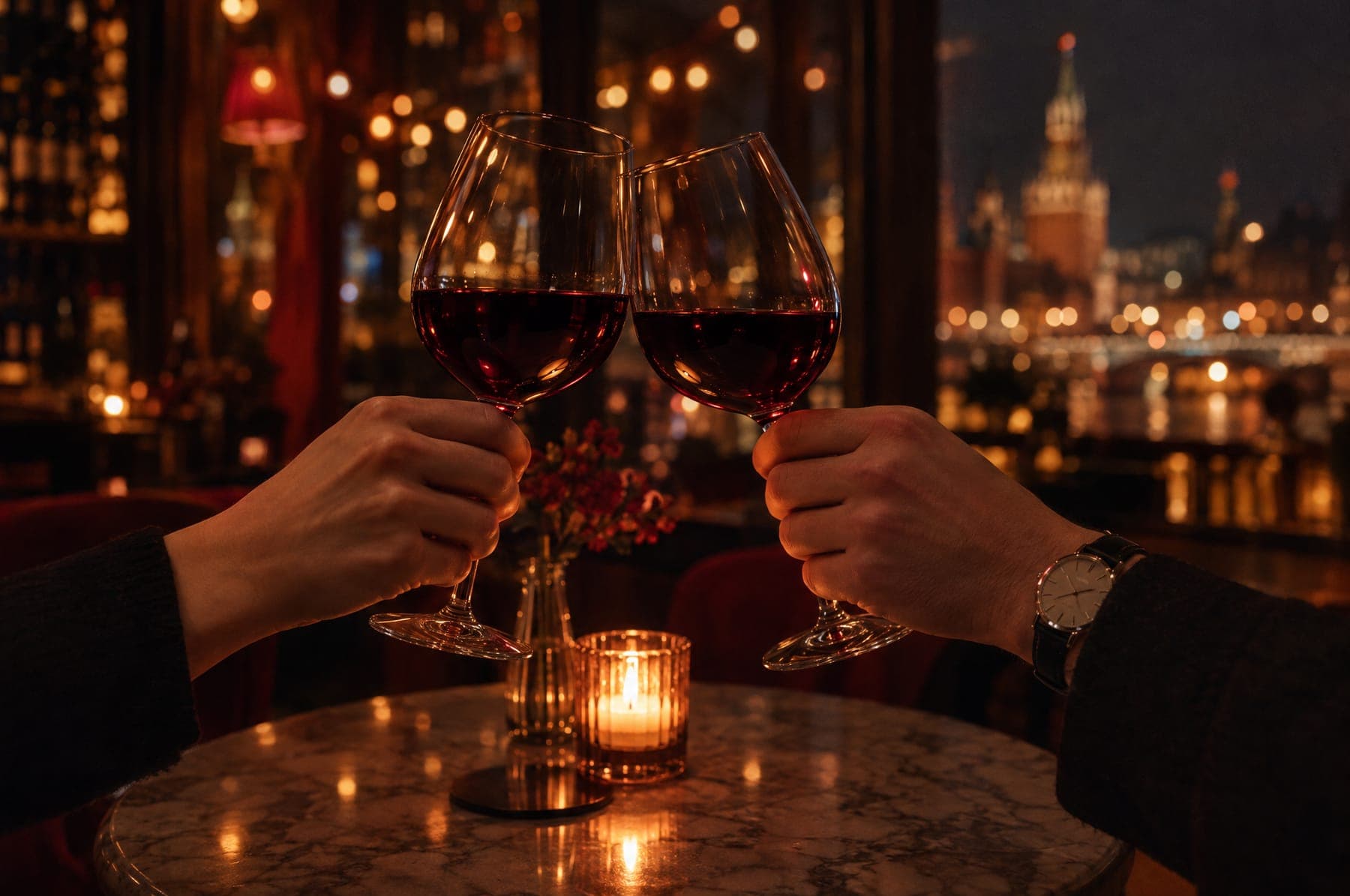 Two glasses of red wine meeting above a candle on a marble table